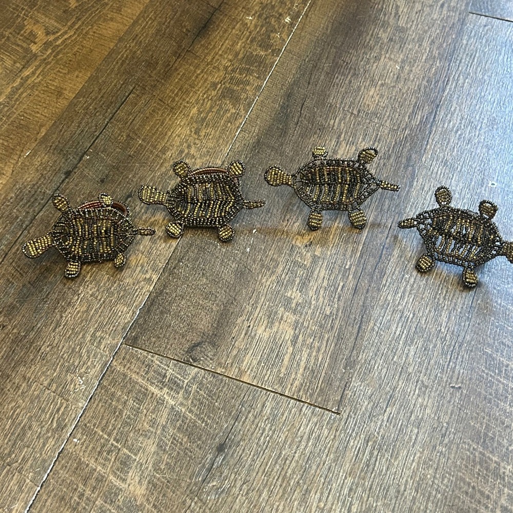 Vintage Beaded Turtle Napkin Rings Set of 4 Bronze Gold Wire Wrapped Coastal